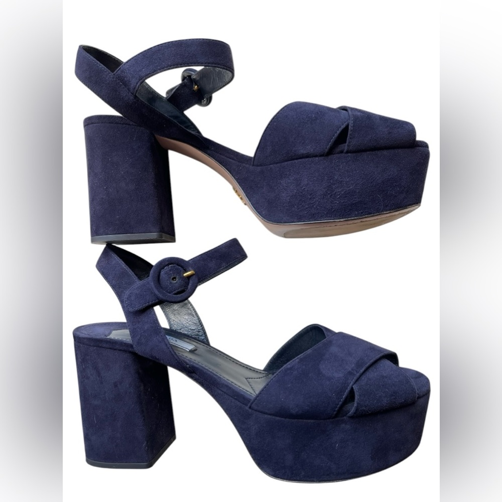 Prada Blue Suede Criss Cross Platform Sandal - Picture 3 of 10